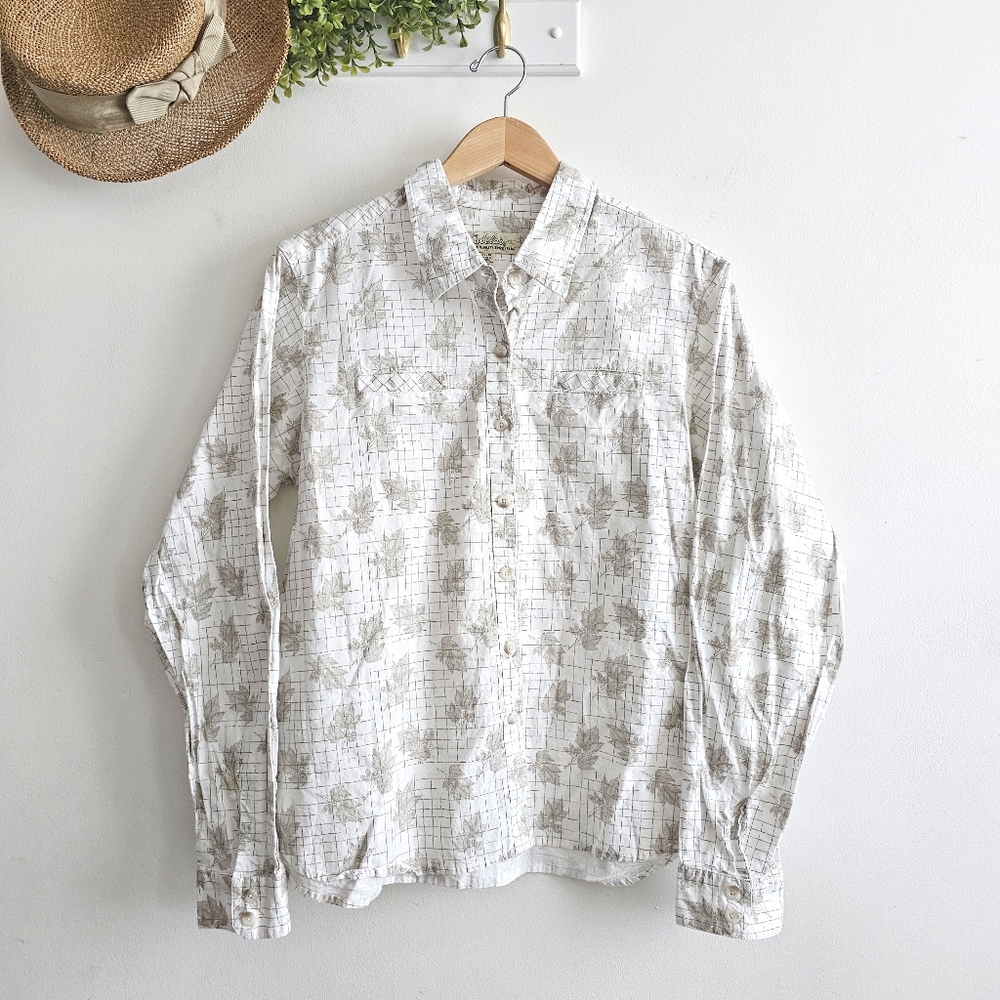 Cabela’s Leaf Print Cotton Button Front Shirt XL Neutral Nature Cottagecore